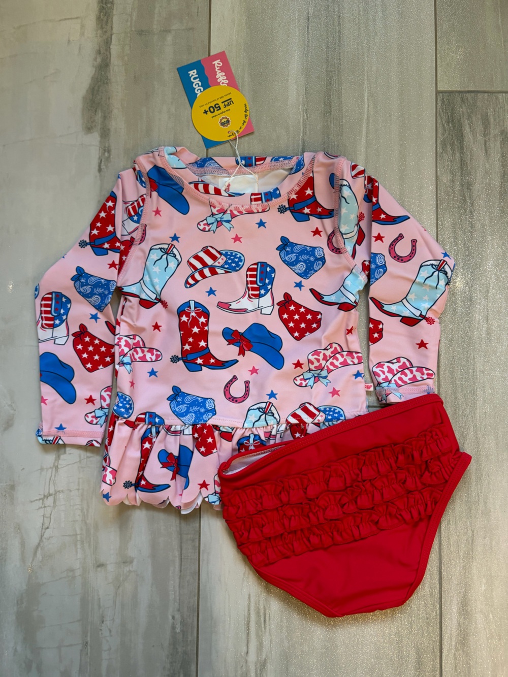 NWT RuffleButts Stars & Spurs Pink Cowgirl Long Sleeve Rashguard Bikini Girls 2T